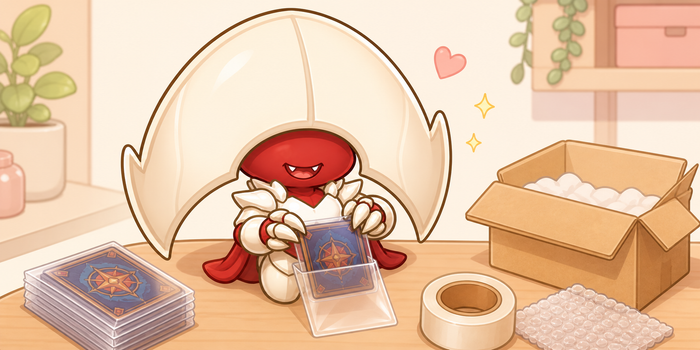 Cute chibi Elesh Norn mascot carefully sleeving and packing trading cards