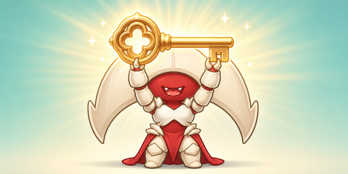 Cute chibi Elesh Norn mascot raising a glowing golden vault key