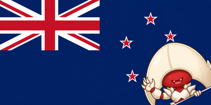 Cute chibi Elesh Norn mascot presenting the New Zealand flag